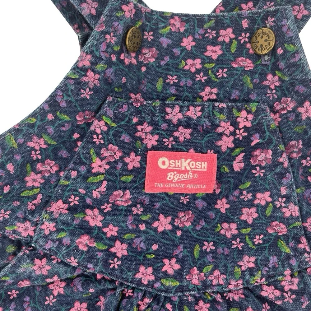 Vintage OshKosh B'gosh Blue Floral Denim Girls Overall Dress SZ 3T Made In USA